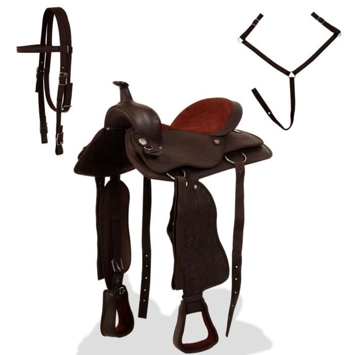 Selle Western 13 Pouces Cuir Véritable Noir + Bridon & Col De Poitrine – Équitation Enfant/Adulte