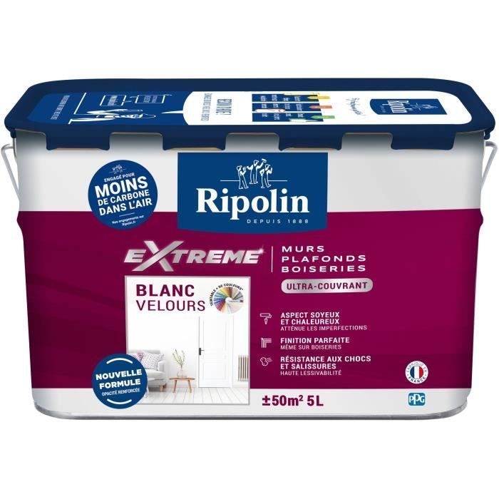 Peinture Extrême murs et plafonds - Blanc velours - RIPOLIN - 5 L
