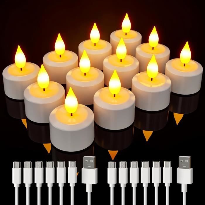 Ymenow Lot de 12 bougies chauffe-plat LED rechargeables par USB, sans  flamme, bougies vacillantes, avec câble de charge USB-C po390