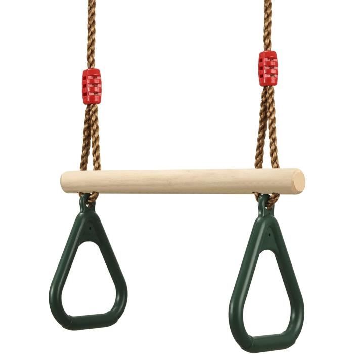 Leogreen Trapèze Enfant Bois + Anneaux + Barre Gymnastique – Vert, 3-12 Ans, Charge Max 150 Kg, Réglable