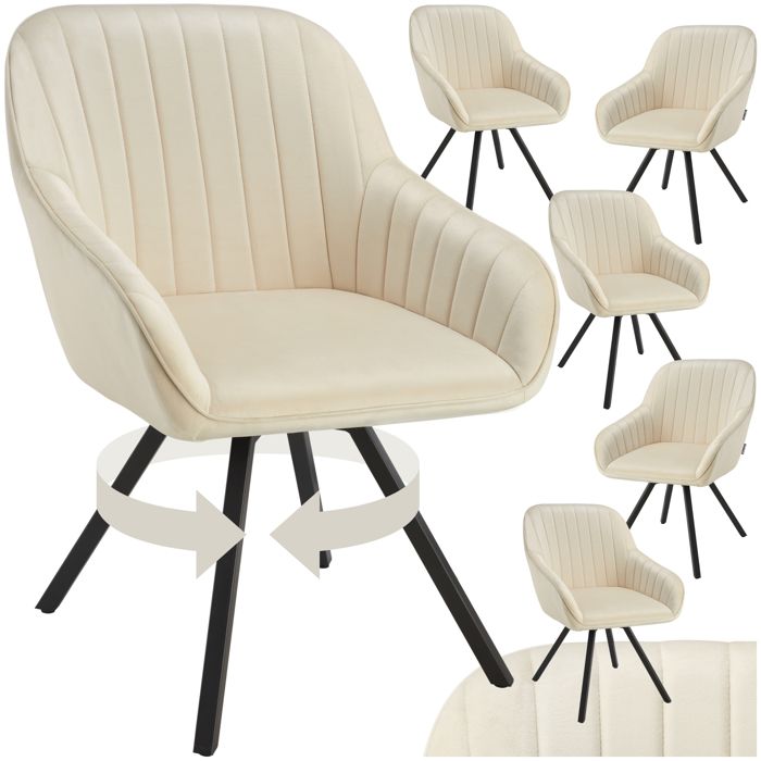 Chaise - TECTAKE - Lot de 6 fauteuils SNUG pivotants avec accoudoirs aspect velours rembourré 58 x 58 x 82 cm - Crème