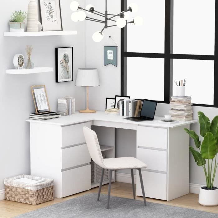 Bureau dangle TMISHION - Blanc - 145x100x76 cm - 4 tiroirs - Rangement pratique
