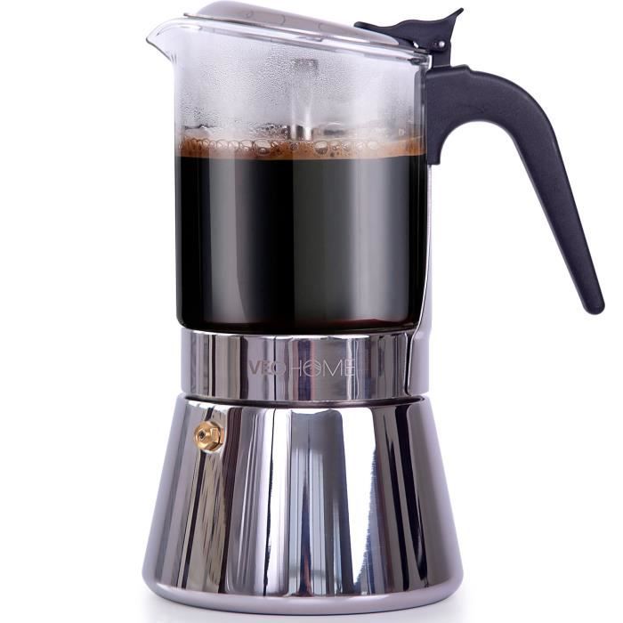 Cafetière italienne inox et verre VeoHome - 7 tasses - Compatible induction gaz vitrocéramique