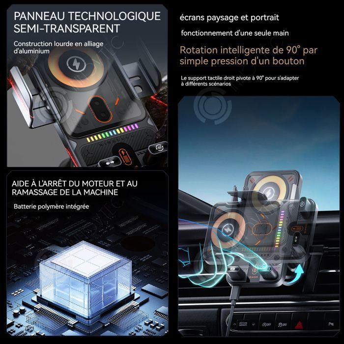 Support Voiture Rotatif Automatique 2-en-1 Avec Charge Sans Fil 15W – Pliable, Magnétique Et Ultra-Rapide