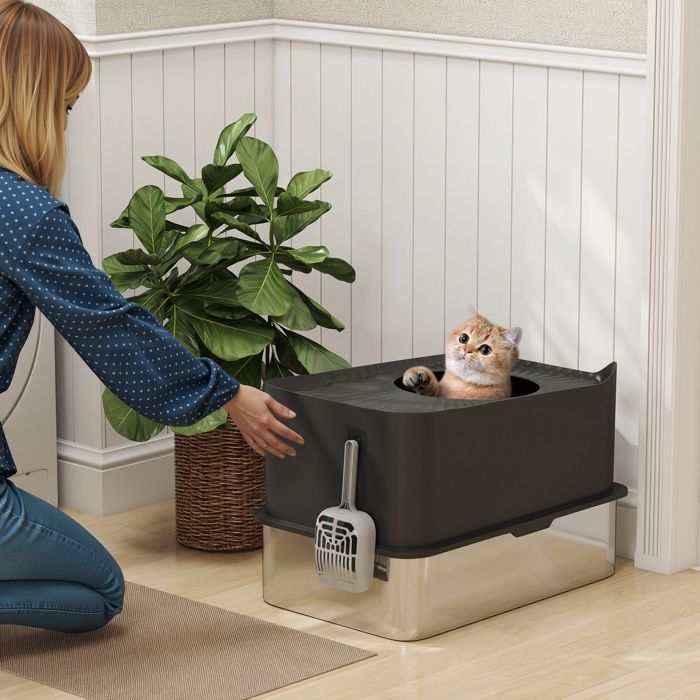 Bac à Litière Pour Chat Avec Porte Battante Et Lucarne - 52x41x38 Cm, Pliable, Fourni Avec Pelle, Noir Et Blanc