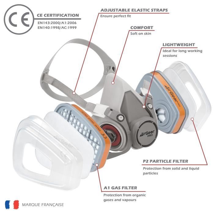 Masque Gaz EDIMAX Avec 8 Filtres - Protection Peinture, Anti-poussière, Lunettes Incluses