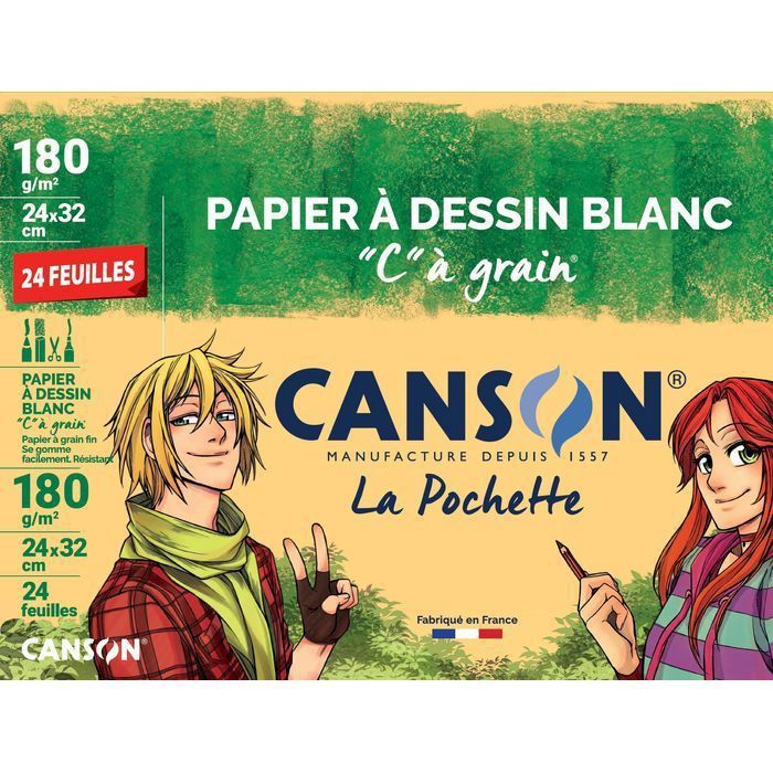 Papier dessin CANSON C à grain 24 x 32 cm 180g 12 feuilles Blanc