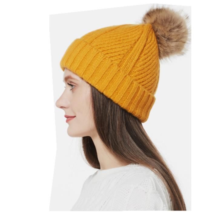 Bonnets D'Hiver Pour Femmes, Ensemble De Cagoule En Tricot Doublé De Polaire, Foulard Circulaire, Chapeau De Ski Avec Pompon