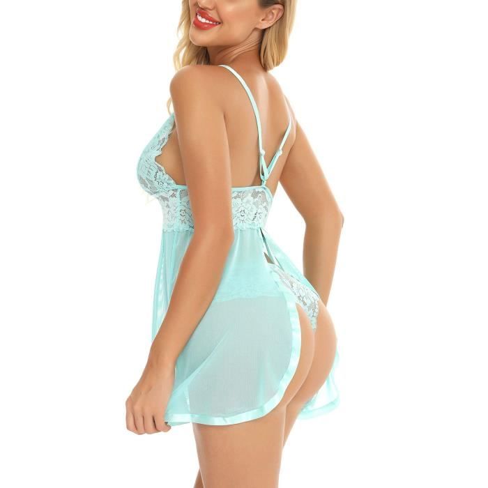 Ensemble Lingerie Sexy 4 Pièces - Nuisette Dentelle, Peignoir, String, Bas Résille