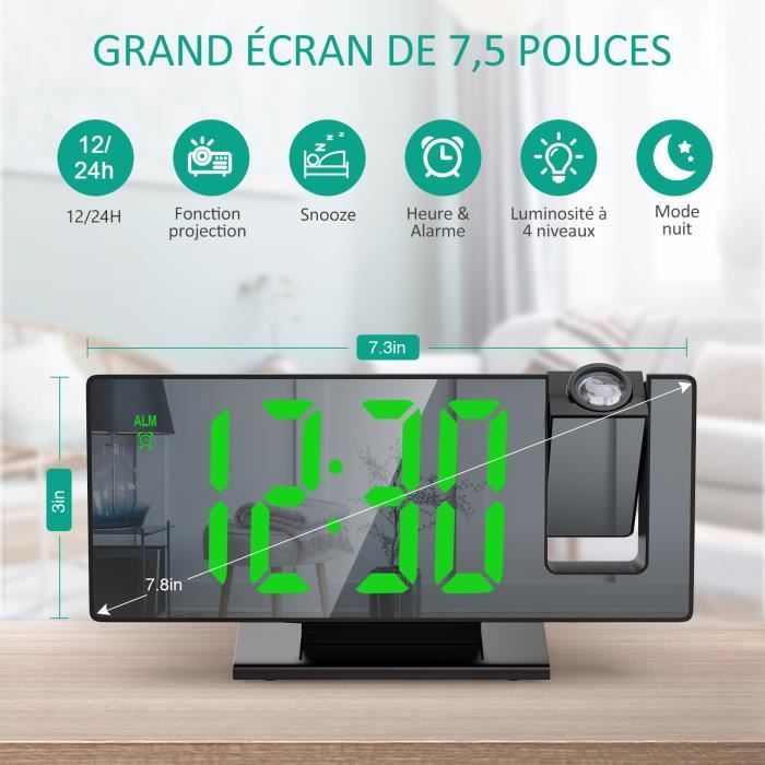 ThreeH Réveil Numérique à Projection Réveil Radio avec Fonction Snooze Affichage de la Température et de l'humidité 12/24H Affichage sur Miroir Port Charge USB Noir