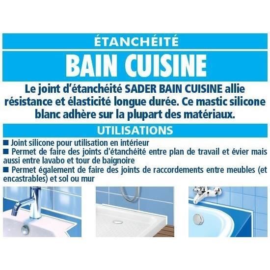 SADER Cartouche Mastic Silicone Etanchéité Bain et Cuisine - Blanc - 310ml  - Cdiscount Bricolage