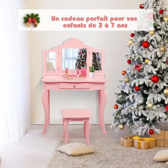 IDMarket - Coiffeuse Enfant Roza LED Blanche et Rose avec 3 miroirs et Tabouret