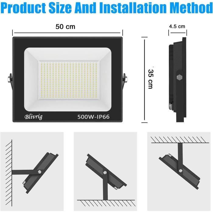Lot De 2 Projecteurs LED Extérieur 500W 50000LM - IP65 Étanche Blanc Froid 6000K Pour Jardin, Cour Et Atelier