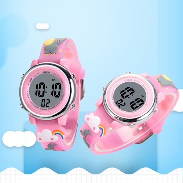 Montre enfant fille LED numérique réveil chronographe multifonction sports bracelet en silicone étanche arc-en-ciel l'éléphant rose