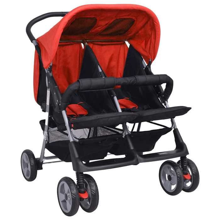 Poussette double VIDAXL Rouge et noir 4 roues Pour 2 enfants