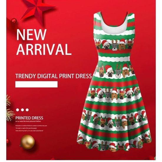 Robe De Noël Pour Femme Dentelle Sans Manches - Imprimé Motifs Noël, Taille S-XXL, Polyester/élasthanne