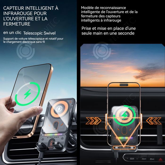 Support Voiture Électrique Pliable Rotatif 2 En 1 Charge Rapide - Noir/Gris