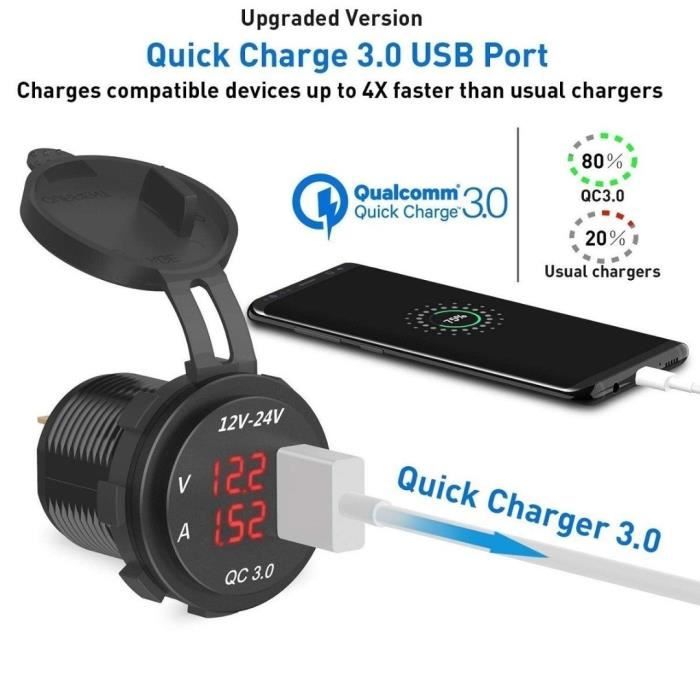 CHARGEUR 2 USB AVEC CHARGE RAPIDE ET VOLTMÈTRE POUR MOTO - setma
