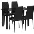 Table de salle à manger avec 4 chaises design contemporain Chesterfield acier plateau verre trempé PVC effet capitonné noir-0