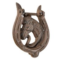 Heurtoir de porte marron en fonte style équestre – modèle cheval et fer à cheval