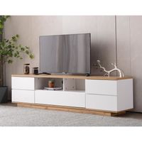 Meuble TV en Bois 180 cm - 4 Portes avec Étagères et Placards de Rangement - Blanc et chêne-Style Moderne