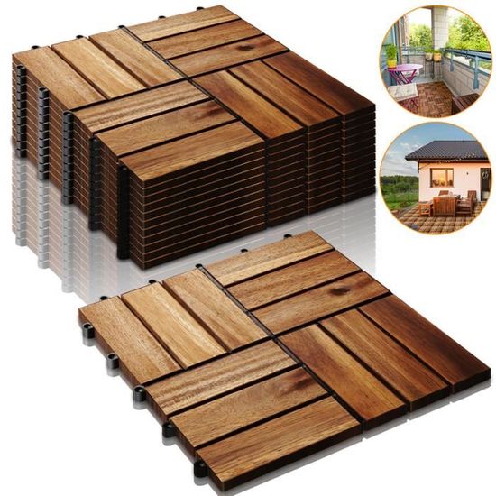 SWANEW 11x Dalles de terrasse en bois d'acacia Mosaïque 30x30cm Dalle clipsable 1m² balcon