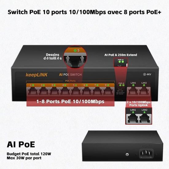 Switch POE 10 Porte Con 8 Porte POE+ - 120W, 100Mbps, Fanless, Per Telecamere IP E Access Point - Foto 7