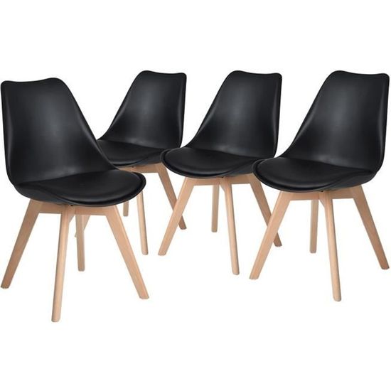 Dora  Lot de 4 chaises de salle à manger - Simili Noir-Tulip Chaise rembourrée Scandinave-Pieds en bois de Hêtre  massif L55 x P 48