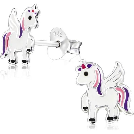 Boucles D'oreilles Enfant - Puces Licorne Multicolore - Argent 925/1000 - Émail - Fermoir Clou - Neuf Avec étiquettes