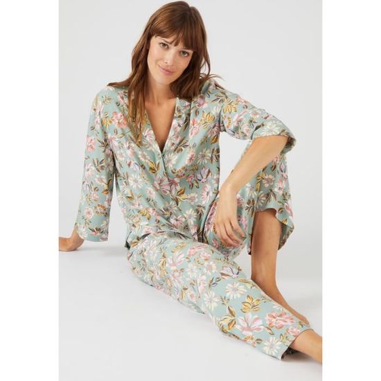Pyjama femme en viscose Damart Vert fleuri col tailleur et pantalon large
