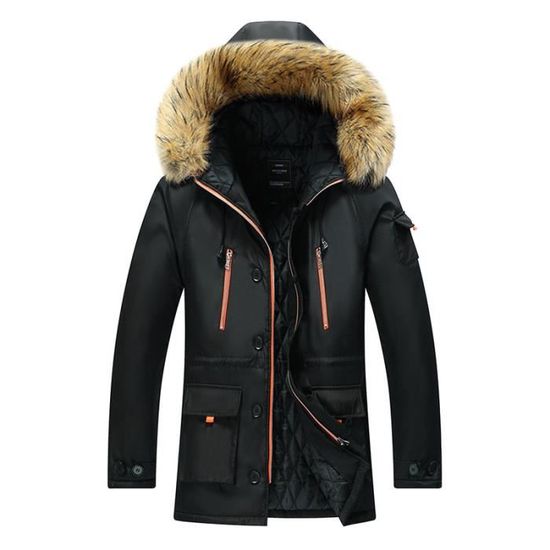 Doudoune Homme Hiver Mi longue Capuche fausse fourrure Manches