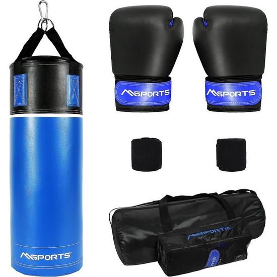 Kit Boxe Enfant Et Ado 70x25cm - Sac De Frappe 12kg Professionnel + Gants + Bandages - Bleu/Noir - Idéal Entraînement Maison Ou Salle