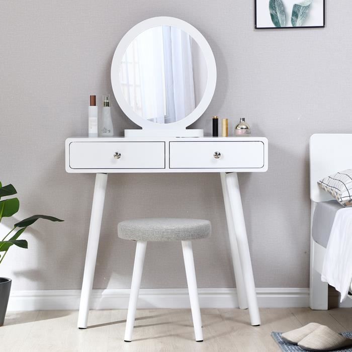 Table Maquillage Coiffeuse Table Maquillage 2 Tiroir Miroir rond - tabouret rembourré 80 x 40 x 125 cm
