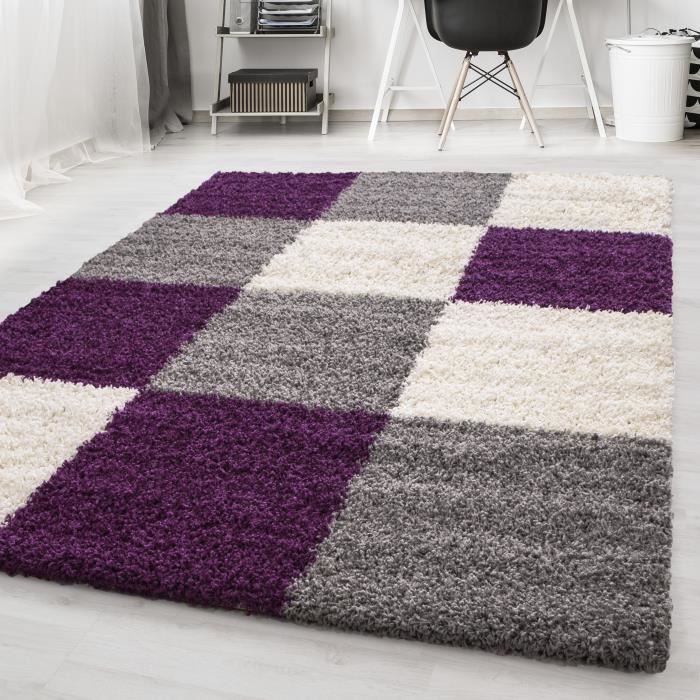 SHAGGY - Tapis de salon à Carreaux 160 x 230cm - 100% Polypropylène 30mm - Violet
