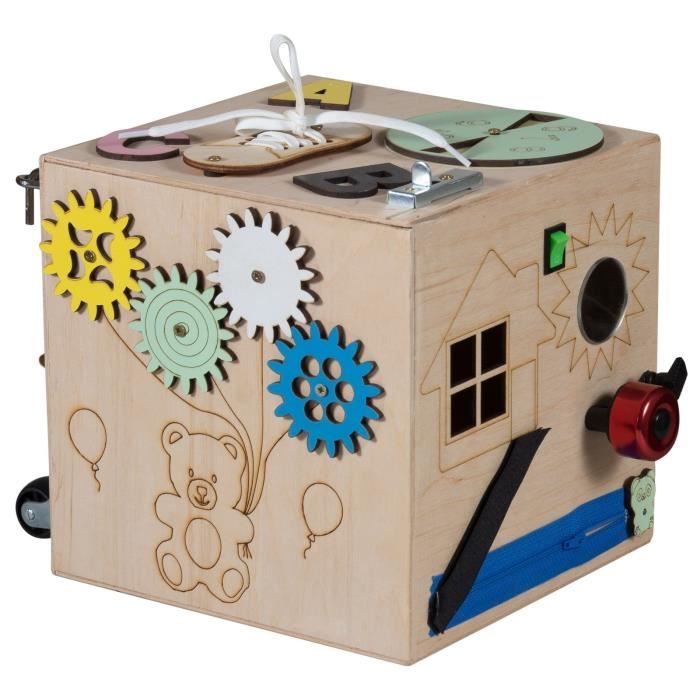 TIMEO Cube d'activités en bois Montessori Busy cube de motricité Taille L