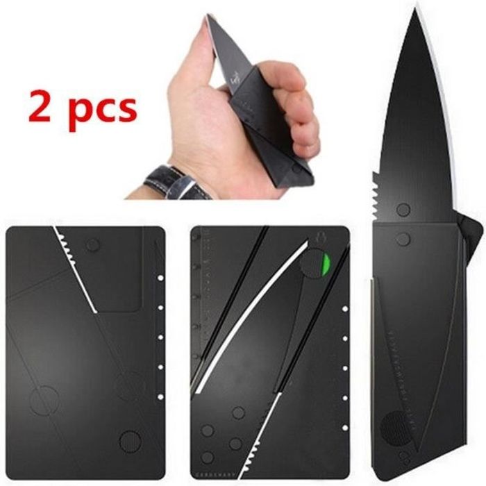Beau Couteau de portefeuille pliant format carte de crédit 2 pièces noir - Ceci est l'outil de poche ou de survie parfait Noir Noir