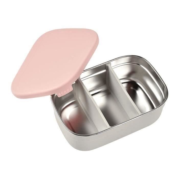 BEABA, Boîte repas enfant en inox, couvercle en silicone et housse de protection, Gris velours et rose poudré