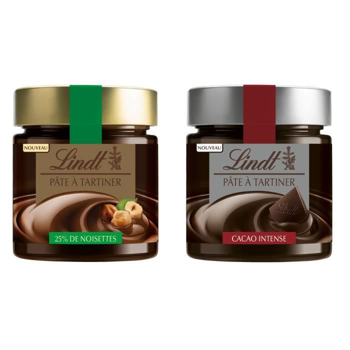 Lot de 2 - 1 LINDT Pate À Tartiner Chocolat au Lait et Noisettes du piémont 25% 200g + 1 LINDT Pâte à tartiner Noir Intense 200g
