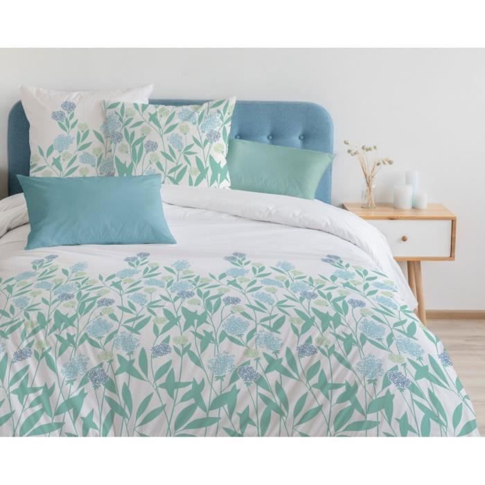Housse de Couette 3 Pièces - 100% Coton 57 Fils - 2 Personnes 220x240 cm - TEMPETE FLORALE Vert Blanc