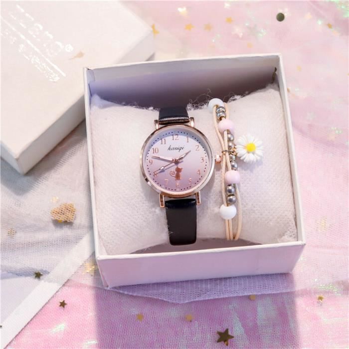 Montres Filles Enfants avec Bracelet Fille Mignon Dessin animé école primaire filles pointeur - Cadeau Enfant - Noir