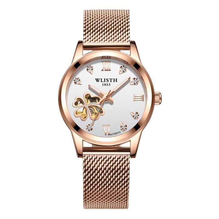SHARPHY Montre femme mécanique automatique évider l'amour trèfle à quatre feuilles diamant bracelet en acier étanche luxe