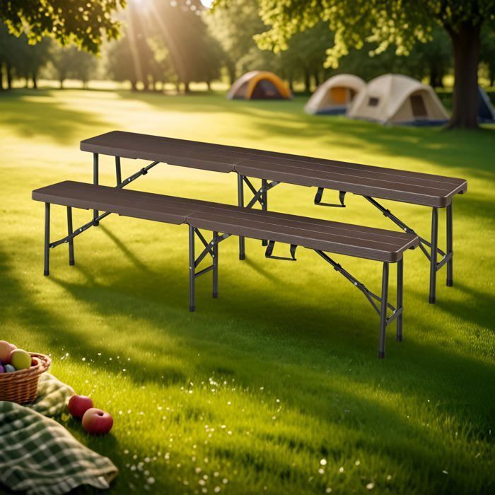 Lot de 2 bancs de camping pliables Lillestrøm 180 x 25 x 43 cm effet bois marron foncé