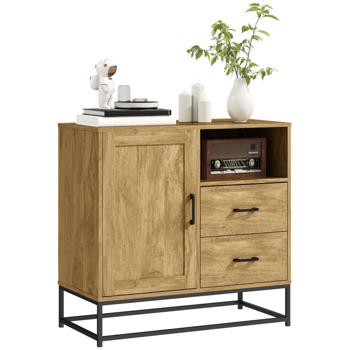 Buffet Rangement 3 Portes Style Industriel - 100x35x88 Cm - Bois Naturel Et Métal - 4 étagères Réglables - Pour Salon, Salle à Manger, Entrée