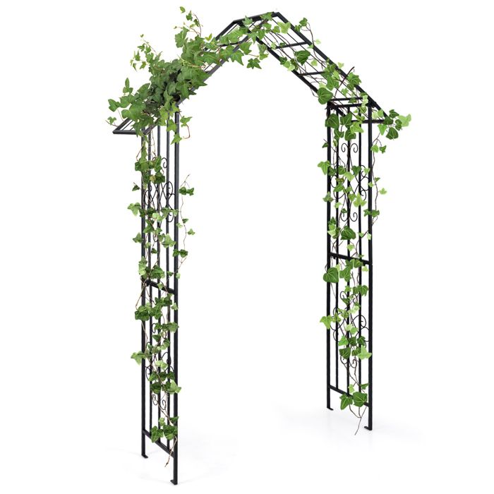 Arche de Jardin avec Treillis en Métal COSTWAY-116 x 40 x 223 cm-Toit Élégant-4 Piquets de Sol-pour Rosiers Plantes Grimpantes