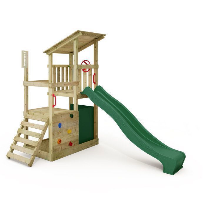 Tour de jeux bois FATMOOSE FruityForest Fun XXL avec toboggan 220 cm vert et bac à sable – 10 ans de garantie*