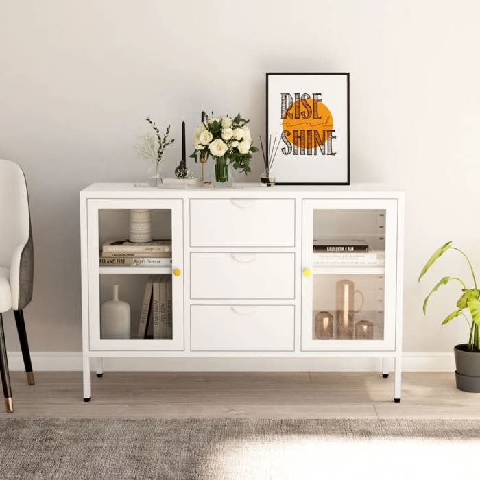 SALE 2025Meuble bas bahut vaisselier - Buffet Blanc 105x35x70 cm - Acier et verre trempé3066 Kg 7760