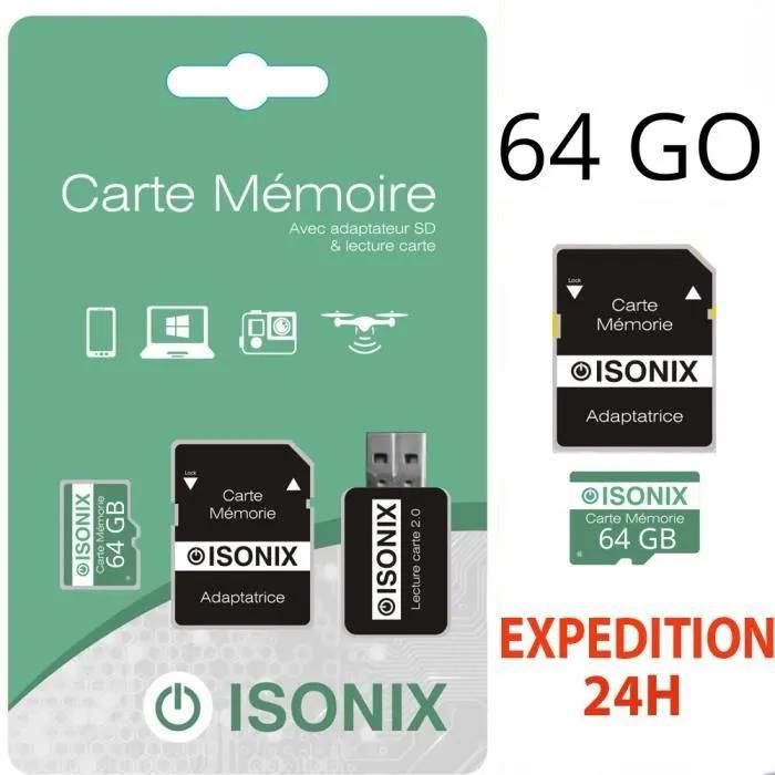 Carte Micro-SD - ZISONIX - 64 Go - Classe 10 - SDXC/SDHC - Compatible smartphones et caméras