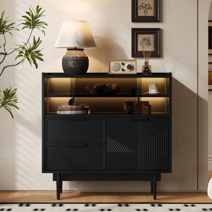 Meuble BUFFET - BAHUT  bas de rangement avec barre lumineuse porte vitrée pour le salon couloir entrée-L80 x P35 x H80 cm