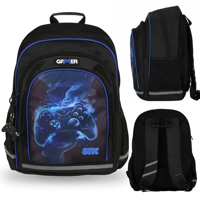 Sac à dos scolaire rembourré bleu-noir pour garçon avec réflecteurs pour manette de jeu 40x29x20cm 23 l