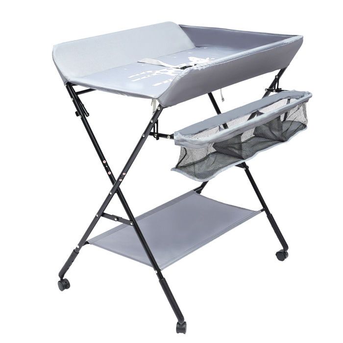 Table à langer mobile pliable 3 en 1 avec panier de rangement ceinture de sécurité et 4 roulettes